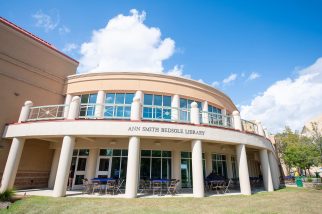 Wideangle photo of the Ann Smith Bedsole Library exterior